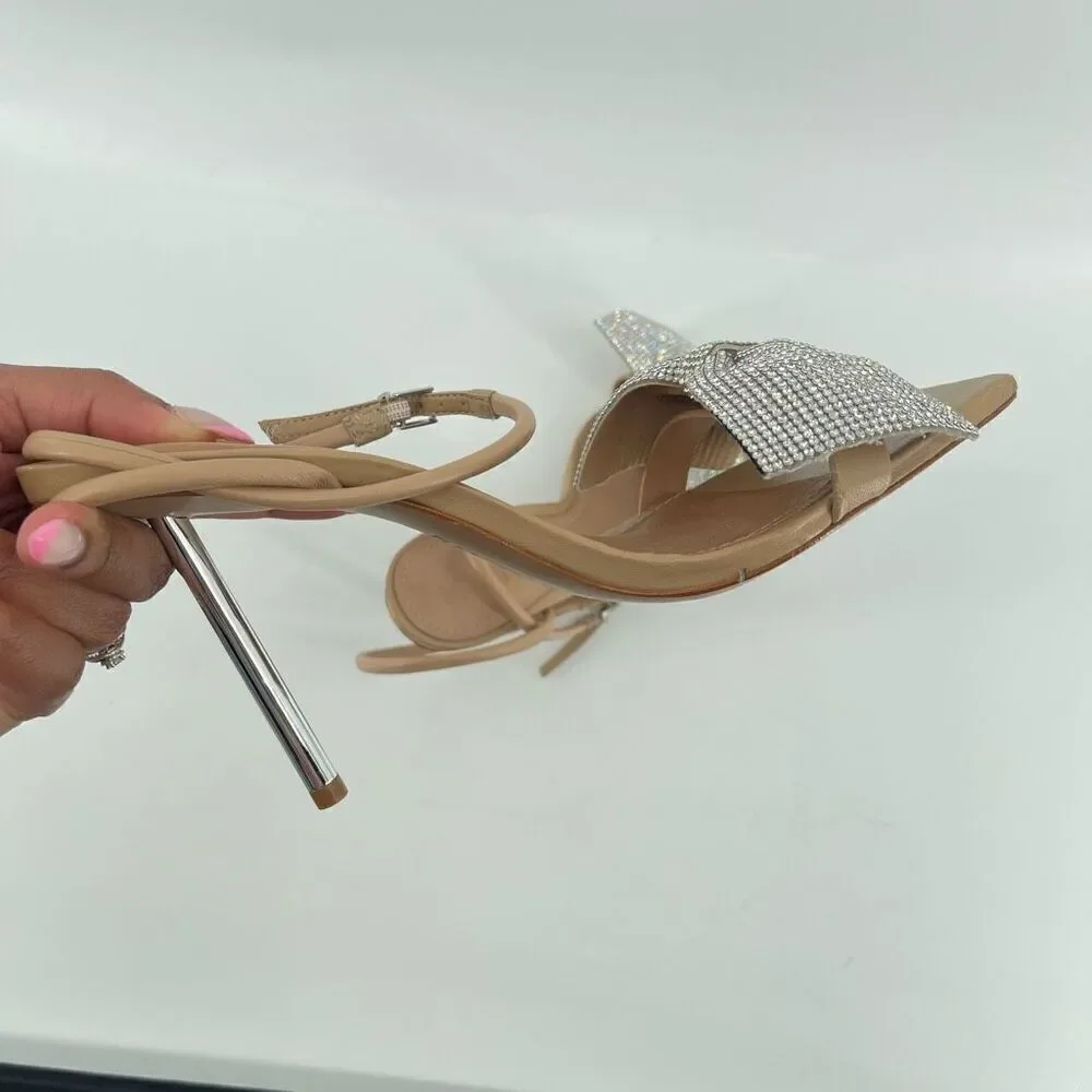Schutz Mila Glam Heels 9.5 Rhinestone Bow 4” Heel Ankle Strap Square Toe